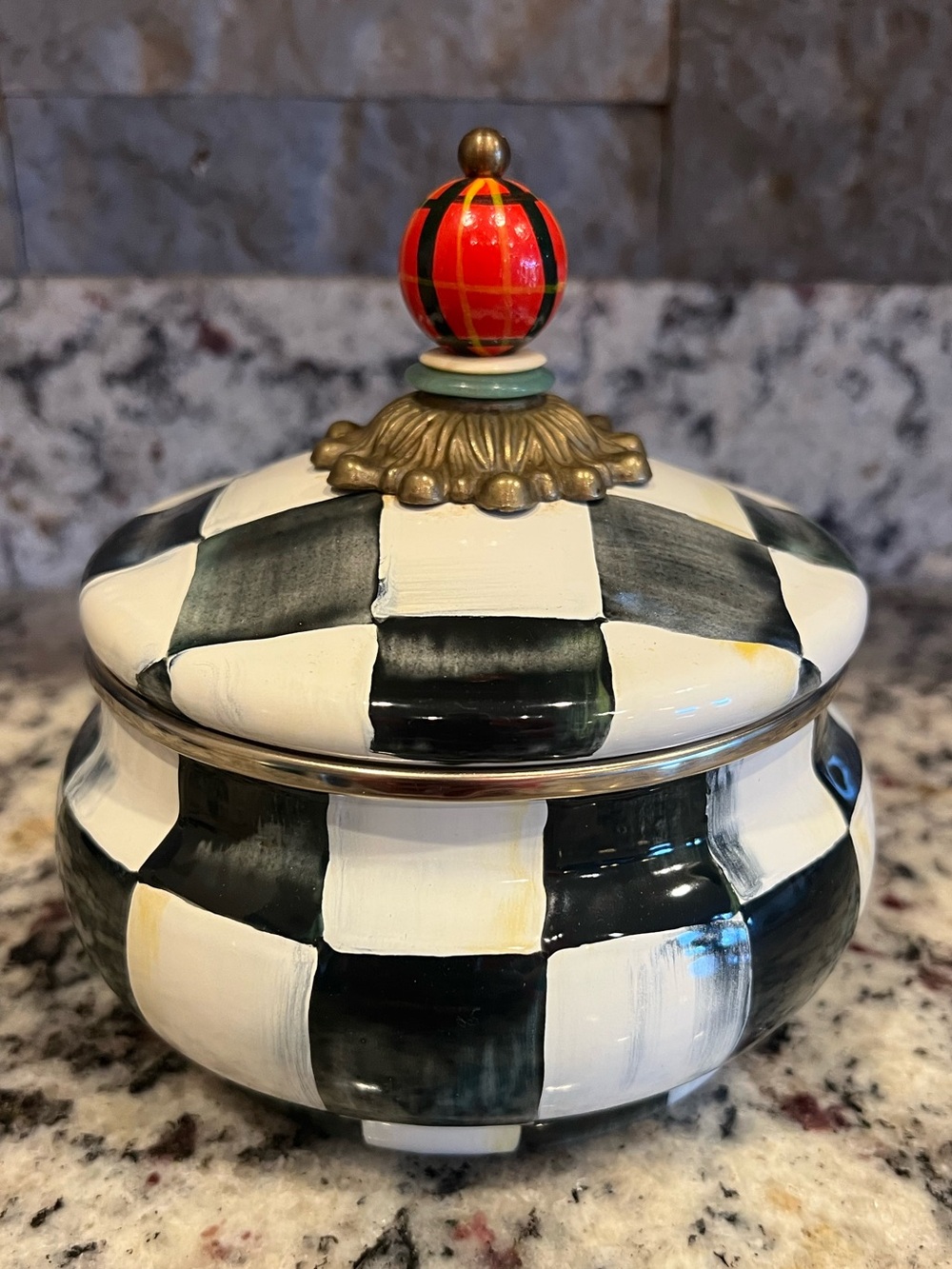 MacKenzie-Childs Vintage Enamel Squashed Pot Canister.  PLEASE READ, has flaws!